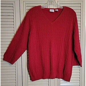 Kim Rogers Knit Cable Ribbed Red Pullover V-Neck Sweater ¾ Sleeve Sz 1X